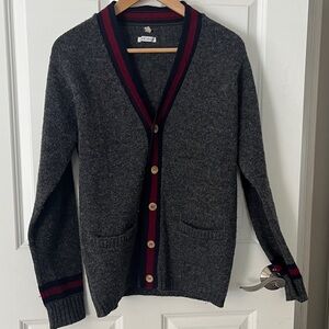 English Wool Collegiate Charcoal Gray Cardigan with maroon and navy stripe. Med